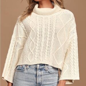 Lulus Ivory Cable Knit Turtleneck Cropped Sweater